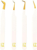 M LASH Eyelash Extension Tweezers (Set of 4) - Professional & Precision Lash Tweezers for Eyelash Extensions - Japanese Steel, Diamond Grip, Fiber Tip V5 (White)