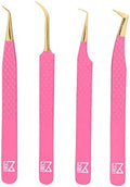 M LASH Eyelash Extension Tweezers (Set of 4) - Professional & Precision Lash Tweezers for Eyelash Extensions - Japanese Steel, Diamond Grip, Fiber Tip for Stunning Results (Pink)