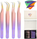 Zane L.A. Nano Fiber Tip Professional Eyelash Extension Tweezers, a pack of 4, Quality tweezers made with Japanese Stainless Steel, FREE Eyelash Separator. (Purple Peach)