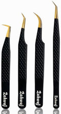 ZAHWAJ Lash Tweezers - Set of 4 Fiber Tip Eyelash Tweezers - Stainless Steel Eyelash Extension Tweezers - Diamond Grip Professional Lash Tweezers for Eyelash Extensions (Black)