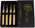 Eyelatic Lash Tweezers, Eyelash Extension Tweezers Set of 4 Volume Tweezers False Eyelash Applicator For Light Volume or Mega Volume Fans Lash Extension Golden