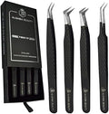 Alishba Beauty Eyelash Extension Tweezers, Precision Fiber Tip Grip Japanese Stainless Steel (Set of 4 Eyelash Tweezer) (BLACK MATT)