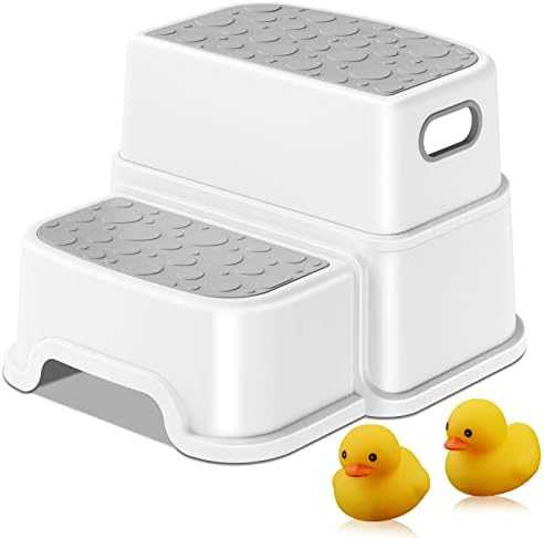 Step Stools for Kids, 2 Step Stool with Anti-Slip Surface and Rubber Bottom, Toddler Step Stool Poop Stool for Toilet Potty Training, Bathroom, Kitchen (Include 2 Ducks) Gray