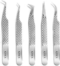 GTEX Lash Tweezers For Eyelash Extensions Tweezers Set of 5, Japanese Stainless Steel, Straight Curved 45 90 Degree Volume Eyelash Tweezers - SILVER