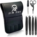JIM PRO 6 Pcs Eyebrows Tweezer Kit - Eyebrow Plucking Set - Nail Care Set - 4 Types Hair Plucking Tweezers, 1 Fancy Cuticle Scissor and 1 Nail File, 100% Stainless Steel - Black Leather Packaging