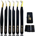 Leenax Professional Pack of 6 All Fiber Tip (Anti – Slip) Eyelash Extension Tweezers Japanese Stainless Steel, 2D-6D Volume Tweezers (Black)