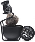 KIKC 4 In 1 Shaving Brush Set, Shaving Cream, Shaving Bowl & Shaving Stand & Badger Hair Shaving Brush Kit Black Stainless Steel Shaving Cleaning Tool, Great Gift Set for Men and Women