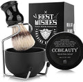CCbeauty Mens Shaving Brush and Bowl Set, 4-in-1 Bristle Shave Brushes Kit with Stainless Steel Shaving Bowl & Soap Mug, Safety Razor Stand, Birthday Dad Gifts Set for Men, Black Soap 3.5Oz