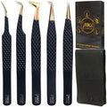 Image Lash Tweezers Set, 5 Pcs Stainless Steel Tweezer Set with Leather Case, Professional Eyelash Tweezers for Extensions with Titanium Coated Tips, Eyelash extension tweezers (Matt-Black)