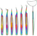 Lizmann Lash Tweezers Eyelash Extensions Tweezers Set 7 PCS Individual and Volume Lash Extensions Eyelash Applicator Tool Precision Tweezers for Eyelash Extension Professional- Rainbow