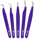 TrendGenics Eyelash Extensions Tweezers Professional Lash Tweezers for Volume, Isolation - Stainless Steel Hand Calibrated Straight/Curved & Angled Tips Precision Tweezers Set 5Pcs