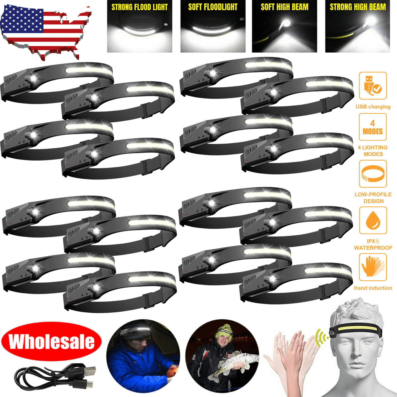 Lot COB LED Headlamp USB Charging Headlight Torch Work Light Bar Head Band Lamp