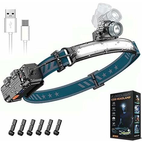 USB Rechargeable LED Headlamp, Sensor Zoom Head Torch 6 Lighting Modes, Waterproof and Lightweight Headlight Lamp for Night Fishing, Hiking, Camping, Repair