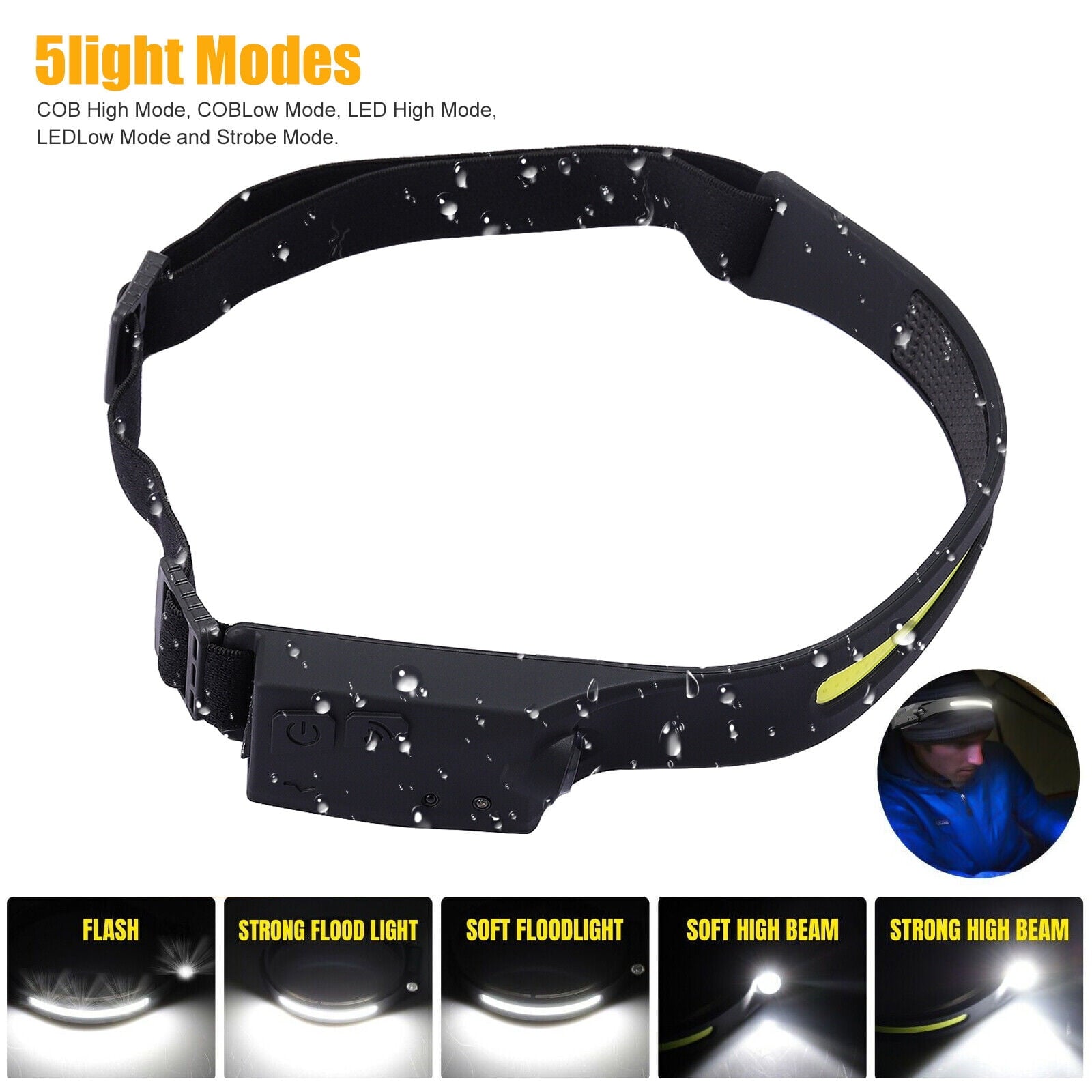 Lot COB LED Headlamp USB Charging Headlight Torch Work Light Bar Head Band Lamp